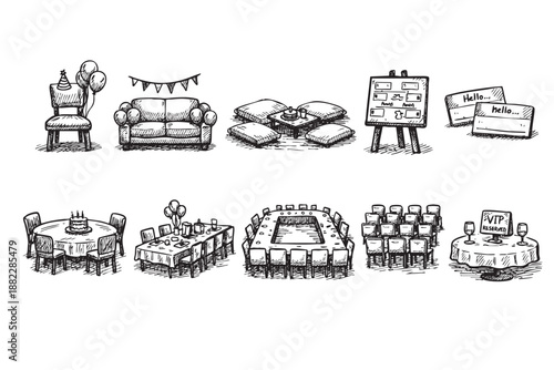 Hand-drawn style sketches depict various event setups for parties, meetings, celebrations and VIP seating, rendered in black and white.