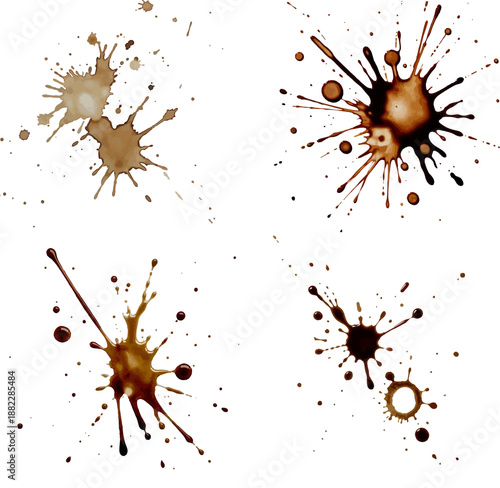 Set of four coffee stain splatters on white background, featuring dynamic shapes and natural brown tones.