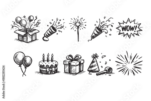 Sketch-style illustration showing various party elements: balloons, cake, sparkler, party favor, wow graphic, great for birthday invitation, card or celebratory announcement.