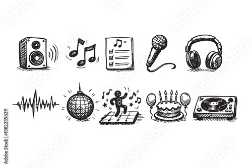 Hand-drawn sketch of party elements like music notes, microphone, headphones, disco ball, dancer, cake, turntable, speaker in black and white for events.