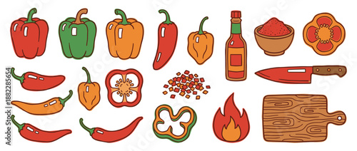 Collection of hand-drawn pepper illustrations including bell peppers, chili, hot sauce, a knife, and a cutting board in a charming and colorful doodle cartoon style