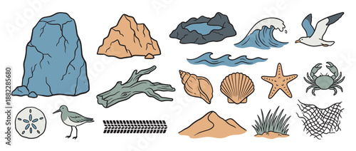 Collection of hand-drawn beach themed illustrations including a seagull, crab, starfish, shells, rocks, waves, and driftwood in a simple, cartoon vector style