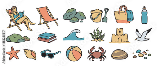 Set of colorful summer beach holiday elements including a deck chair, seagull, starfish, sunglasses, and sand toys in a cute, simple hand-drawn cartoon illustration style