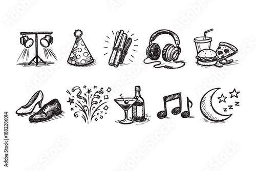 Hand-drawn style illustration featuring party-related icons, including music, food, party favors, lighting, drinks, and sleep, perfect for invitation designs.