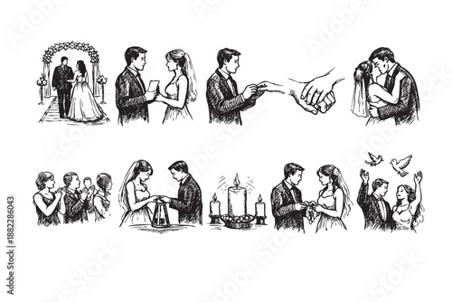 Wedding sketches show a couple going through different steps of the ceremony, from exchanging rings to kissing, guests, and dove release, set on a clean white background.
