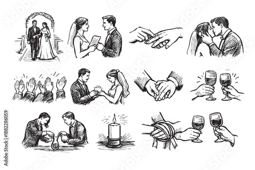 Black and white sketch illustration of wedding icons depicting a bride and groom in different stages of the ceremony and celebration.