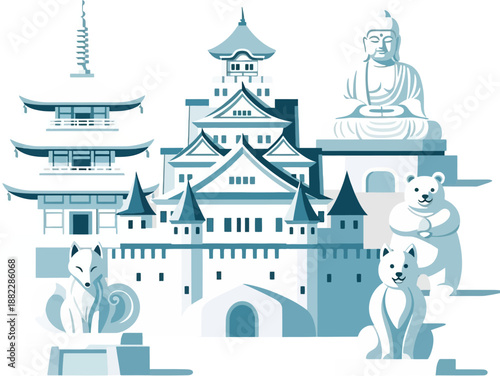 Flat Vector Illustration of Snow Castle and Buddha Sculpture at Sapporo Snow Festival, Cultural Winter Art in Japan