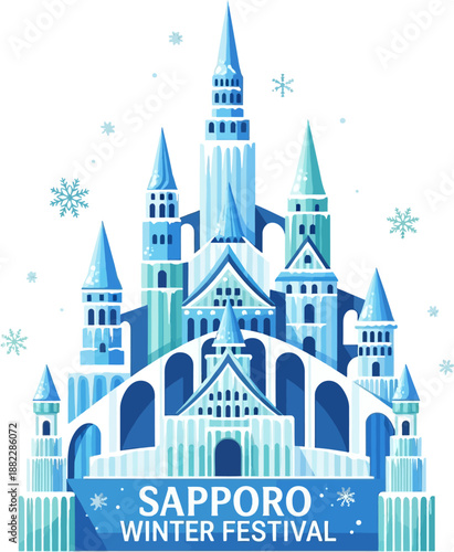 Flat Vector Illustration of Ice Castle at Sapporo Snow Festival, Famous Winter Event Poster Design in Japan