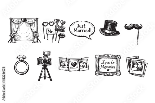 Sketch style wedding icons showcase celebration of a newly married couple, perfect for invitations, cards or design, symbolizing love and commitment.