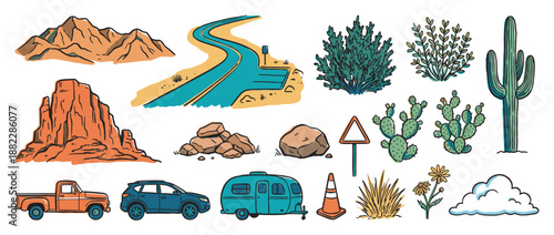 Collection of hand-drawn desert road trip elements featuring a vintage camper, pickup truck, winding highway, cacti, and rocky buttes in a colorful cartoon style