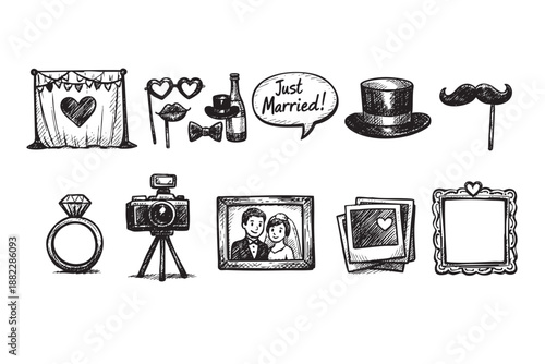 Black and white sketch of wedding elements including photo booth, props, diamond ring, camera, picture frame to illustrate a wedding or anniversary celebration.