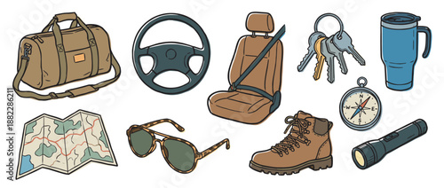 Collection of hand-drawn road trip essentials including a map, compass, hiking boot, and duffel bag in a charming illustrated style for adventure and travel concepts