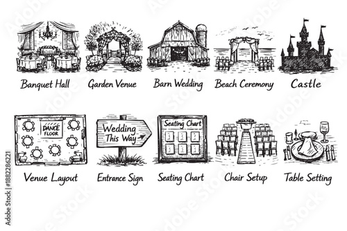 Hand-drawn illustrations showcase wedding venue options, including banquet hall, barn, garden, beach, and castle settings, perfect for event planning and design.