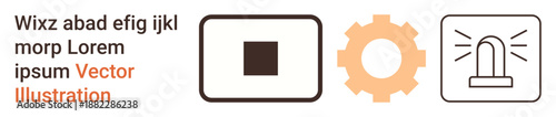 Technology, automation, user interface, warning systems, industrial processes, control mechanisms. Three icons including a square button, gear and emergency alert light. Automation and warning
