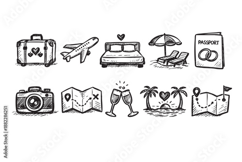 Hand-drawn style doodle vacation icons include luggage, airplane, bed, passport, drinks, camera, beach chair, palm trees, map, symbolizing travel, romance, and leisure.