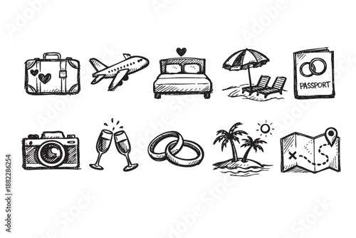 Hand drawn style illustration of wedding destination travel icons arranged, perfect for wedding invitations and honeymoon planning content.