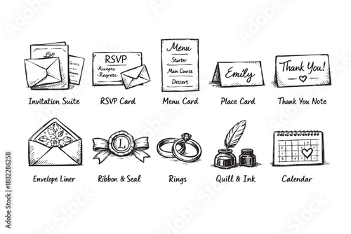 Hand-drawn style wedding stationery elements including invitations, RSVP, menu, rings, and calendar in black and white for wedding-related themes.