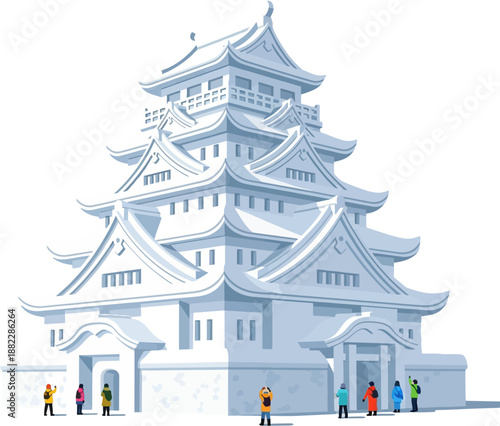 Flat Vector Illustration of Snow Castle Sculpture with Visitors at Sapporo Snow Festival, Japan Winter Event