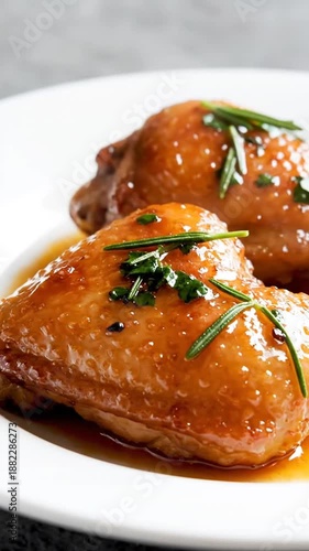 Close up of golden cooked chicken pieces on a white plate