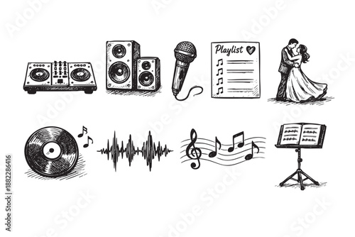 Collection of monochrome vector sketches including DJ equipment, music speakers, playlist, dancing couple, vinyl record, and music notes, useful for various event themes.