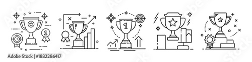 Winning success achievement business trophy award line icon set