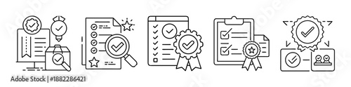 Quality control, audit, and certification process icons set