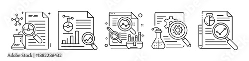 Research, data analysis, science, and lab document line icons