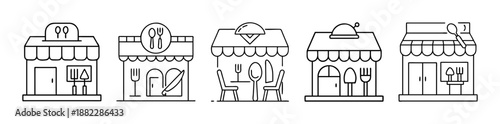 Line art icons of restaurant buildings with cutlery signs