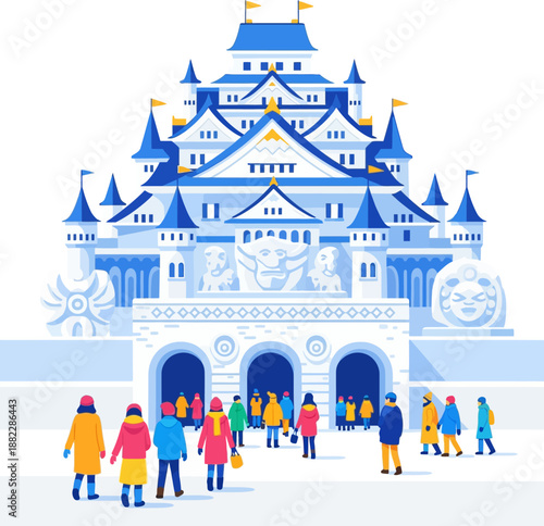 Flat Vector Illustration of Snow Castle with Visitors at Sapporo Snow Festival, Winter Tourism Attraction in Japan