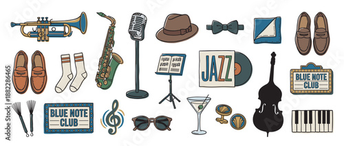 Set of vintage hand-drawn jazz illustrations featuring a saxophone, trumpet, microphone, vinyl record, and musician accessories in a cool, retro cartoon style