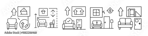 Home furniture arrangement, moving, and interior planning icons