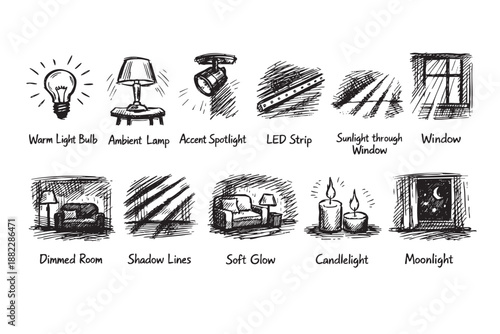 A black and white sketch sheet showcases light sources, including sunlight, candle light and artificial lighting, creating a cozy, inviting atmosphere, good for interior design mockups.