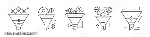 Sales funnel strategy line icons set. business marketing process