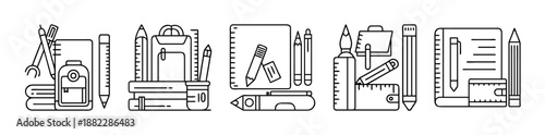 School and office stationery items line art icon collection set