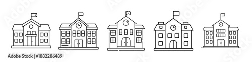 Line art school buildings vector icon set for education apps
