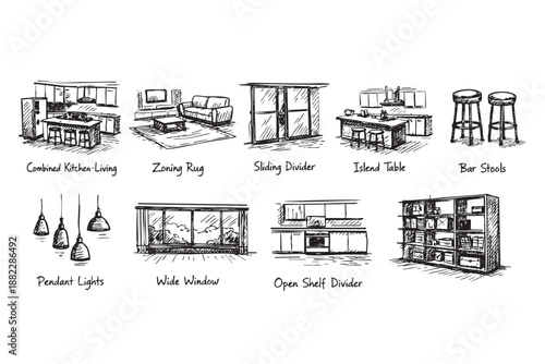 Black and white sketch depicting various interior design elements, including kitchen-living space, rugs, dividers, lighting, and furniture; suitable for architectural projects or design inspiration.