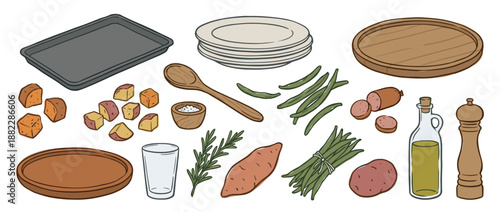 Collection of hand-drawn cooking ingredients and kitchenware including potatoes, green beans, sausage, and herbs in a charming, rustic doodle style for culinary concepts