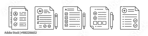 Educational assessment, checklist, and test paper icons set