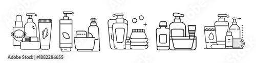 Collection of cosmetic and skincare product bottles line art