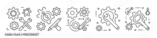Maintenance settings tools and gears line art vector collection
