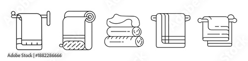 Line art icons of bathroom towels, folded and hanging designs.