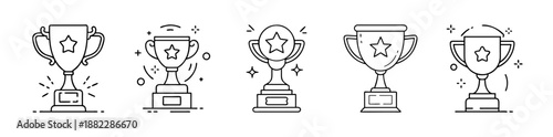 Collection of outline trophy cup icons with stars, award symbols