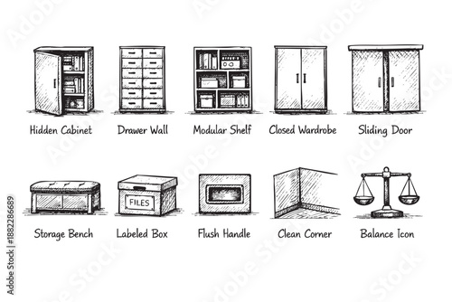Black and white hand drawn collection of furniture, featuring a cabinet, drawer, shelf, wardrobe, box, bench, corner and balance scale. Perfect for architecture design mockups.