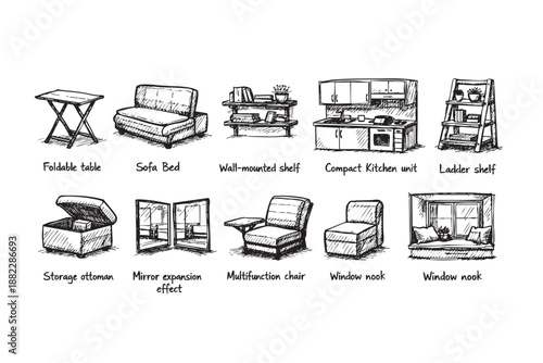 Black and white sketches of furniture, including a sofa, bed, table, shelf, chair and kitchen unit, offering a hand-drawn style and decorative flair.