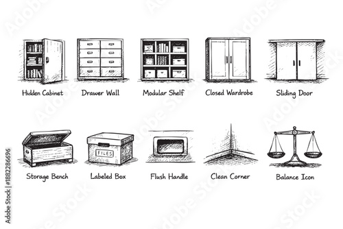 A set of ten hand-drawn furniture and related icons in black and white illustration style, providing a simple yet elegant design asset.