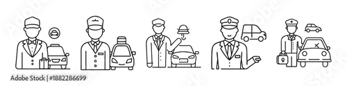 Valet car service, taxi driver, chauffeur, and parking icon set