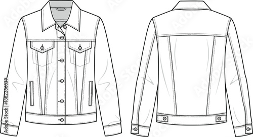 Classic denim jacket technical CAD drawing showing front and back views with button closure, chest flap pockets and seam detailing, outerwear cad drawing flat vector illustration