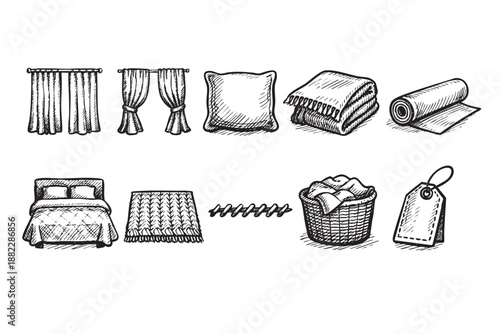 Set of hand-drawn sketches featuring various home textile elements, including curtains, pillows, blankets, beds, laundry baskets, and a tag on a clean white background.
