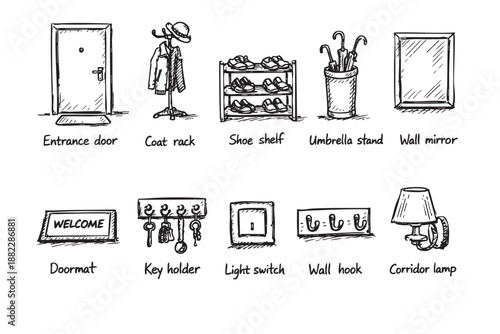 Illustration showing hand-drawn vector sketches of various foyer elements, rendered in black and white on a clean, white background.