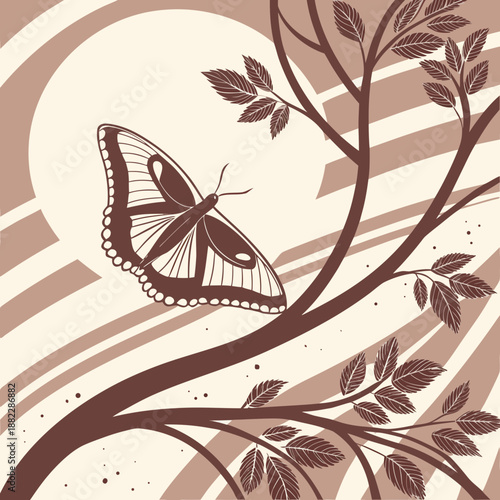 Butterfly perched on tree branch with moonlit background